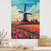 Nederlandse Windmolen Tulpveld Illustratie Poster (Keuken)