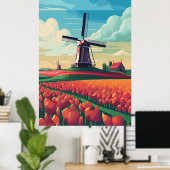 Nederlandse Windmolen Tulpveld Illustratie Poster (Thuiskantoor)