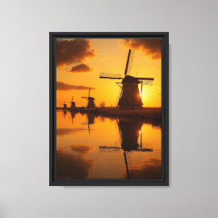 Nederlandse windmolens reflecteren in zonsondergan canvas afdruk