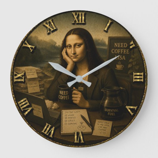 Need Coffee Funny Mona Lisa Coffee Lover Gift Grote Klok (Voorkant)