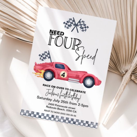 Need FOUR Speed Birthday Invitation | Red Race Car Kaart