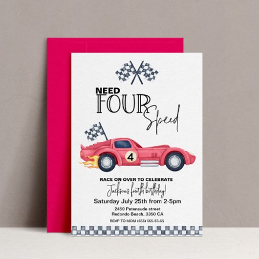 Need FOUR Speed Birthday Invitation | Red Race Car Kaart