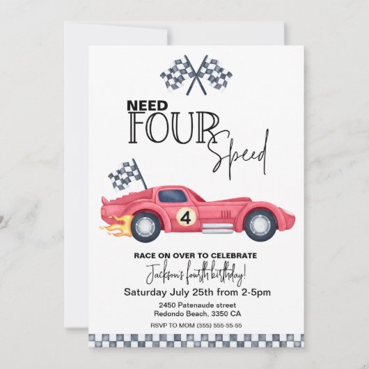 Need FOUR Speed Birthday Invitation | Red Race Car Kaart (Voorkant)