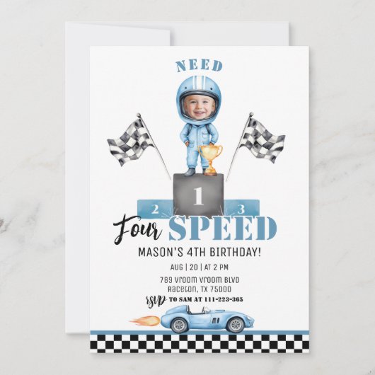 Need Four Speed Blue Race auto 4e verjaardag foto Kaart (Voorkant)
