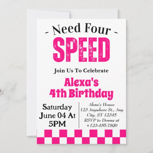 Need Four Speed Girl 4de verjaardagsfeestje  Kaart (Voorkant)