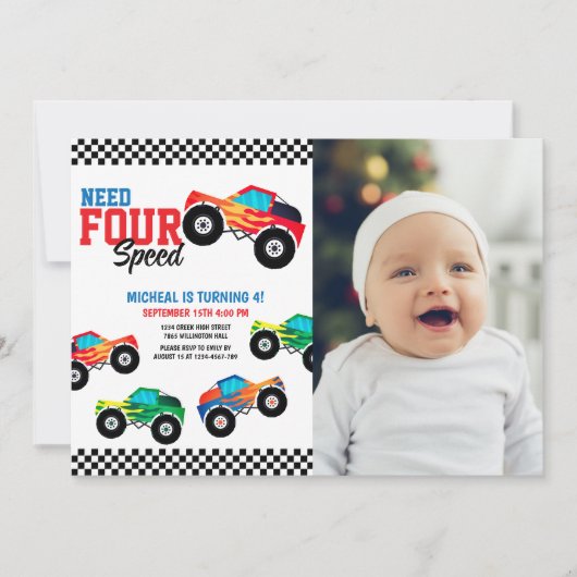 Need Four Speed Monster Truck 4e Verjaardag Foto Kaart (Voorkant)