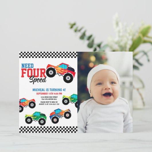 Need Four Speed Monster Truck 4e Verjaardag Foto Kaart (Staand voorkant)
