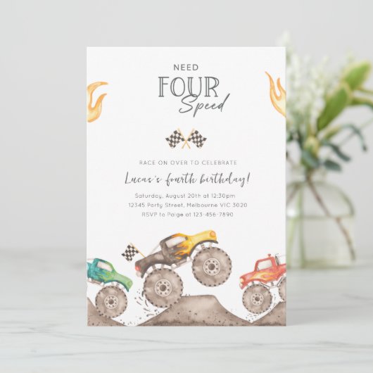 Need Four Speed Monster Truck 4th Birthday Bash Kaart (Staand voorkant)