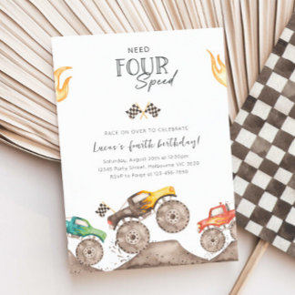 Need Four Speed Monster Truck 4th Birthday Bash Kaart