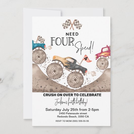 Need Four Speed, Monster Truck 4th Birthday Uitnod Kaart (Voorkant)