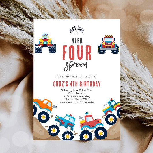 Need Four Speed Monster Truck Boy 4th Birthday Inv Kaart