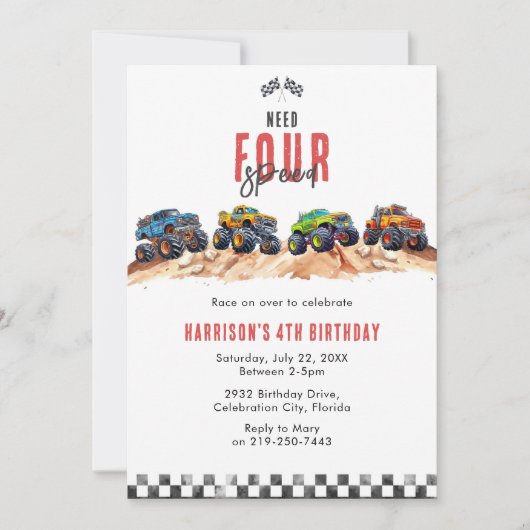 Need Four Speed Monster Truck Boy 4th Birthday Inv Kaart (Voorkant)
