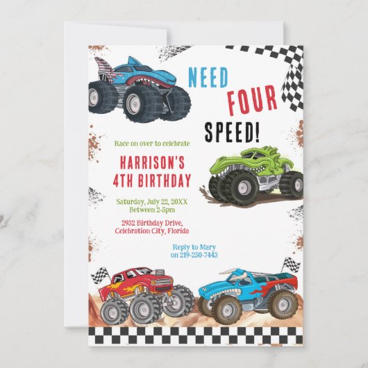 Need Four Speed Monster Truck Boy 4th Birthday Kaart (Voorkant)