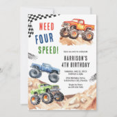 Need Four Speed Monster Truck Boy 4th Birthday Kaart (Voorkant)