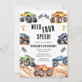 Need Four Speed Monster Truck Boy 4th Birthday  Kaart (Voorkant)