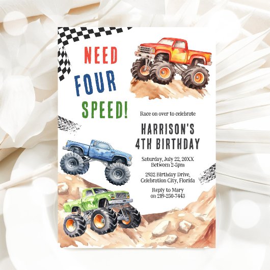 Need Four Speed Monster Truck Boy 4th Birthday Kaart