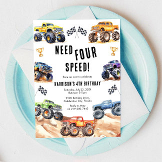 Need Four Speed Monster Truck Boy 4th Birthday  Kaart