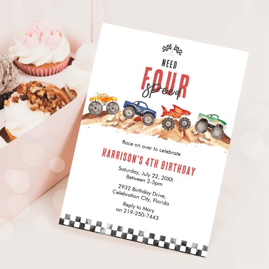 Need Four Speed Monster Truck Boy 4th Birthday Kaart