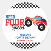 Need Four Speed Monster Truck Vierde Verjaardag Te Ronde Sticker (Voorkant)