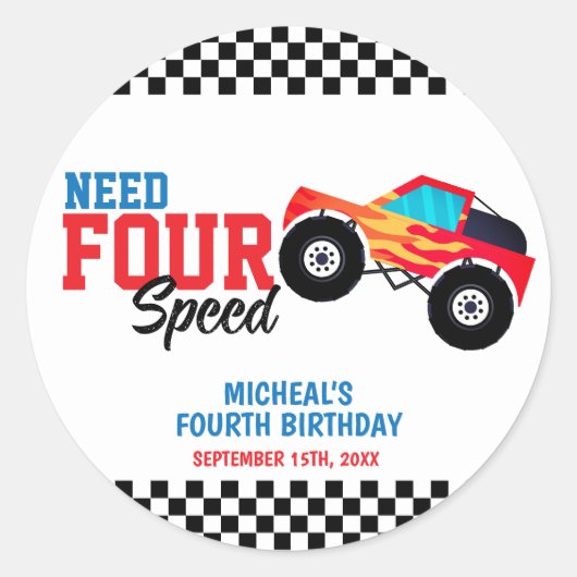 Need Four Speed Monster Truck Vierde Verjaardag Te Ronde Sticker (Voorkant)