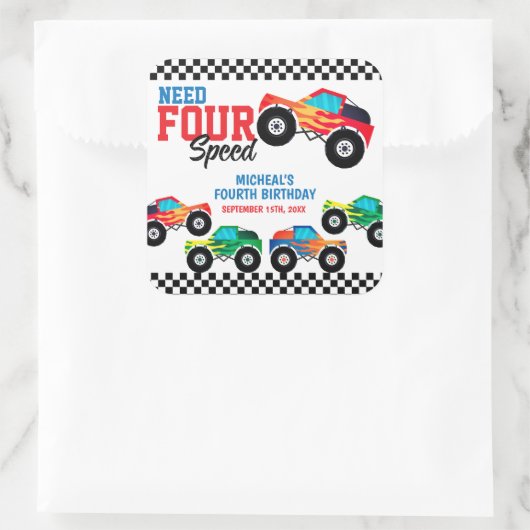 Need Four Speed Monster Truck Vierde Verjaardag Vierkante Sticker (Tas)