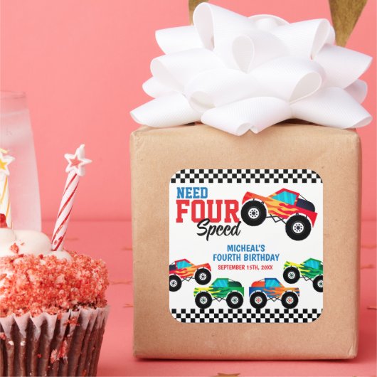 Need Four Speed Monster Truck Vierde Verjaardag Vierkante Sticker (Feest)