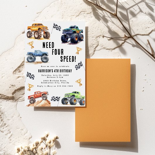 Need Four Speed Monster Trucks 4e verjaardagsfeest Kaart