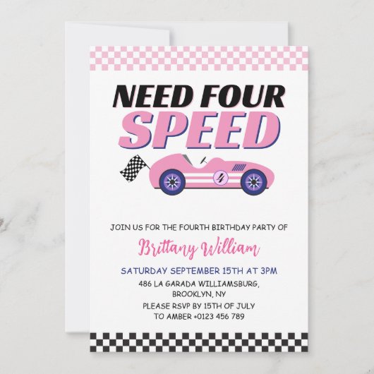 Need Four Speed Pink Race Auto Meisje Verjaardag Kaart (Voorkant)