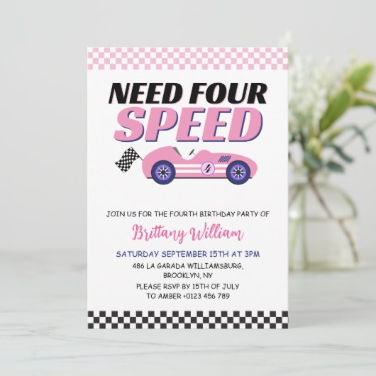Need Four Speed Pink Race Auto Meisje Verjaardag Kaart (Staand voorkant)