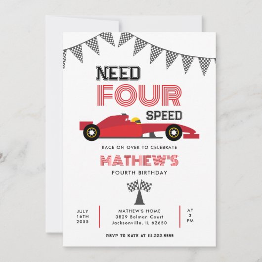 Need Four Speed Race Auto 4e verjaardag Kaart (Voorkant)