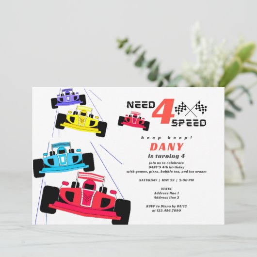 Need Four Speed Racer Jongen Auto Race 4e Verjaard Kaart (Staand voorkant)