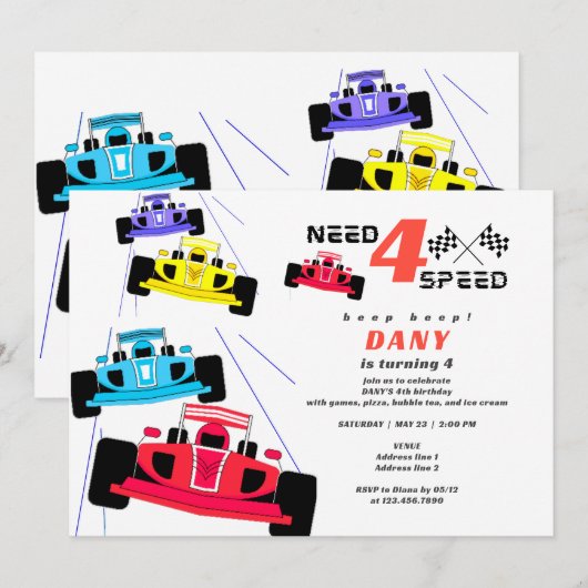 Need Four Speed Racer Jongen Auto Race 4e Verjaard Kaart (Voorkant / Achterkant)