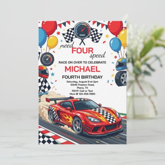 Need Four Speed Rode Raceauto 4de Verjaardagsfeest Kaart (Staand voorkant)