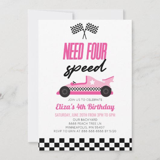 Need Four Speed Roze Race Auto 4e Verjaardagsfeest Kaart (Voorkant)