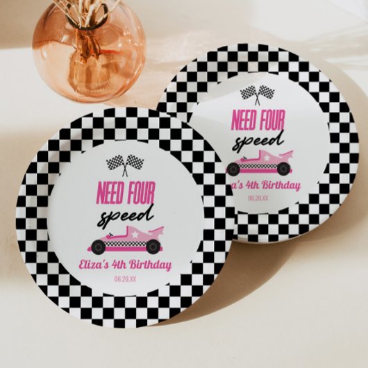 Need Four Speed Roze Race Auto 4e Verjaardagsfeest Papieren Bordje