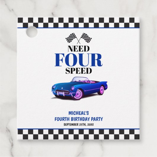 Need Four Speed sportwagen blauw vierde verjaardag Bedankjes Labels (Voorkant)