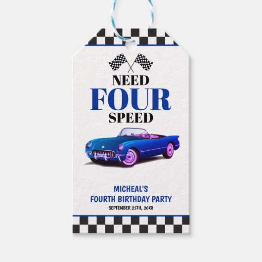 Need Four Speed sportwagen blauw vierde verjaardag Cadeaulabel (Voorkant)