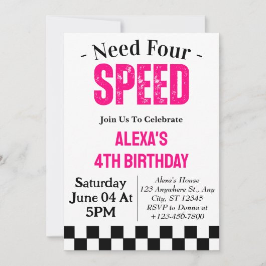 Need vier Speed Meisje 4e Verjaardagsfeestje Kaart (Voorkant)
