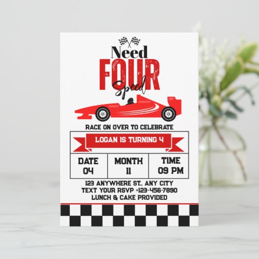 Need vier speed race auto jongen 4e verjaardag par kaart (Staand voorkant)