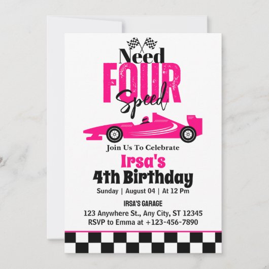 Need vier Speed Race Auto Meisje 4e Verjaardag Kaart (Voorkant)