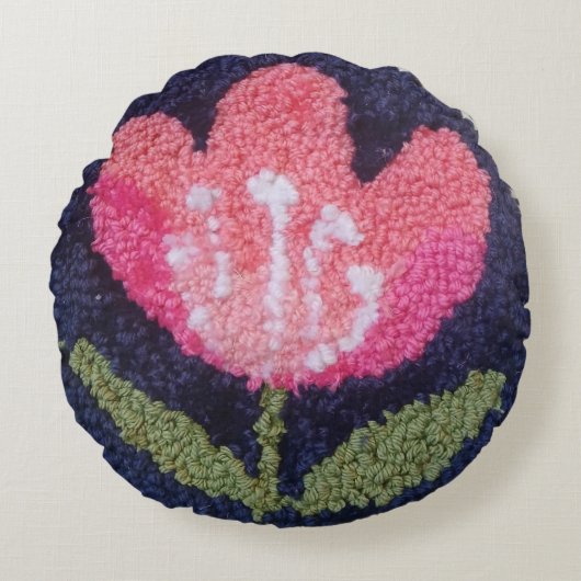 needle punch pink flower design pillow rond kussen (Voorkant)