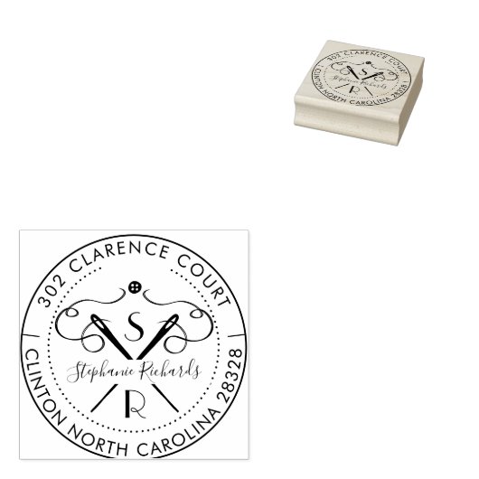  Needle & Thread Crest Monogram & Adres Rubberstempel (Gestempeld)