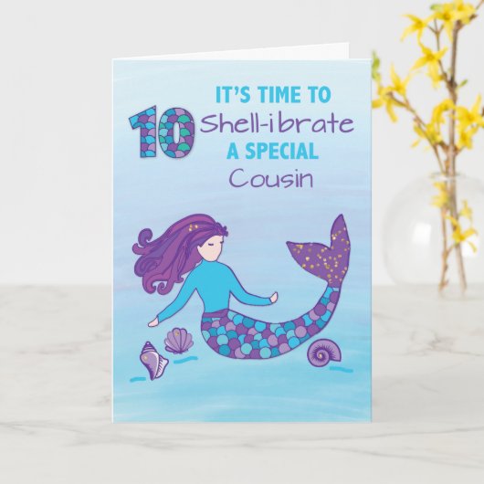Neef 10th Birthday Sparkly Kijk Mermaid Kaart (Gele Bloem)