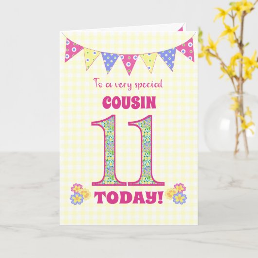 Neef 11th Birthday Primroses en Bunting Kaart (Gele Bloem)