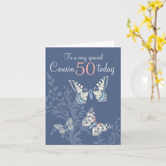 Neef 50ste verjaardag vlinders blauw koraal kaart (Gele Bloem)