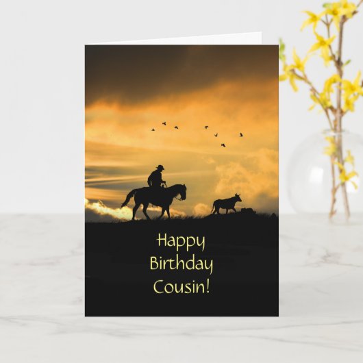 Neef Birthday met Cowboy en Steer Sunset Kaart (Gele Bloem)
