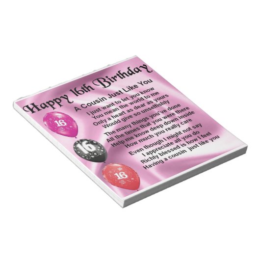 Neef Poem 16th Birthday - Roze Notitieblok (Schuin)