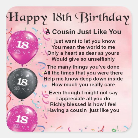 Neef Poem 18th Birthday Pink Vierkante Sticker (Voorkant)