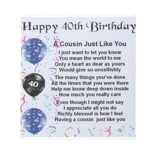 Neef Poem 40th Birthday Notitieblok (Voorkant)