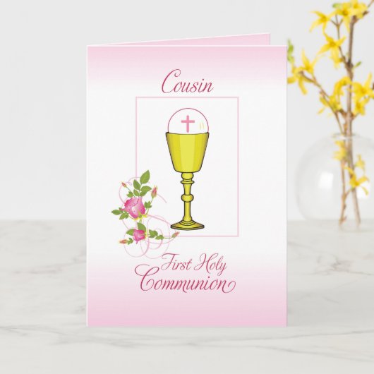 Neef roze Eerste Heilige Communie, Chalice, Gasthe Kaart (Gele Bloem)